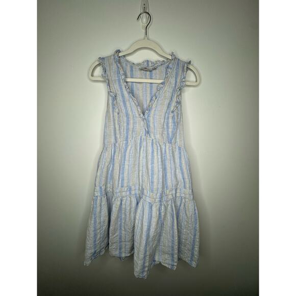Vineyard Vines Tiered Ruffled Linen V-neck Blue Striped Dress Size M - Picture 2 of 8